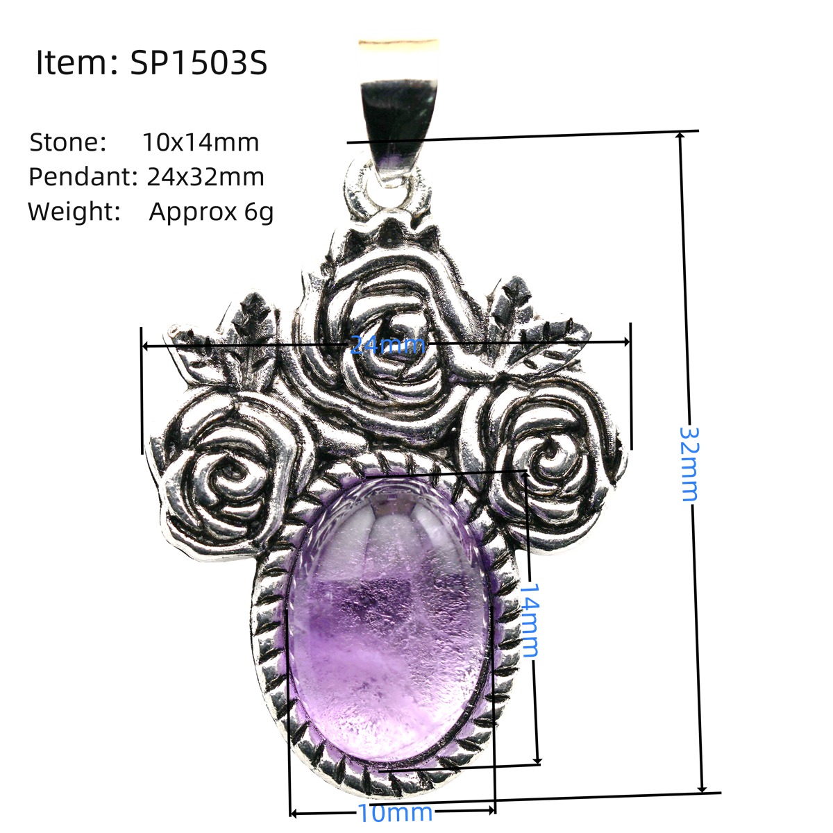 Silver Rose Flower Gemstone Pendant for Making Jewelry  10x14MM Stone Cabs