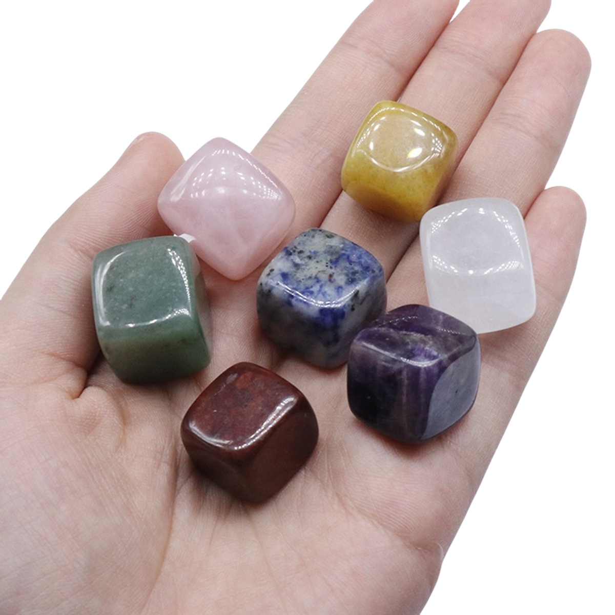7 Chakra Gemstone Square Cube Beads Set 7PCS In Velvet Bag Healing Power Crystal Block for Home Decor 15-18MM No hole