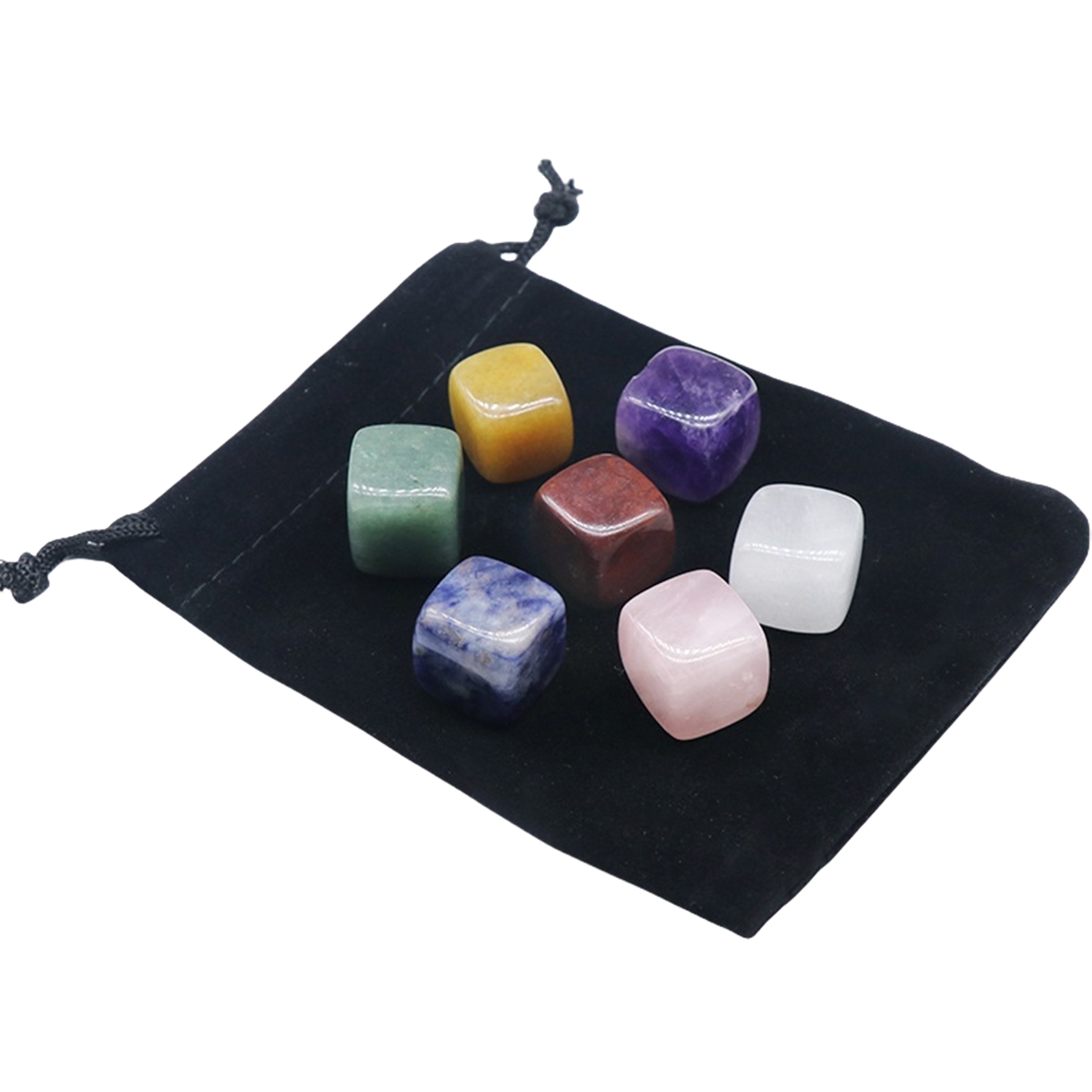 7 Chakra Gemstone Square Cube Beads Set 7PCS In Velvet Bag Healing Power Crystal Block for Home Decor 15-18MM No hole