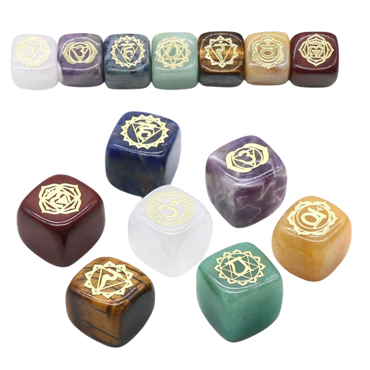 7PCS Healing Crystals Chakra Stones Set Gold Symbol Gemstones Polished Cube Square Stone Reiki meditation Wicca Power Balancing Crystal