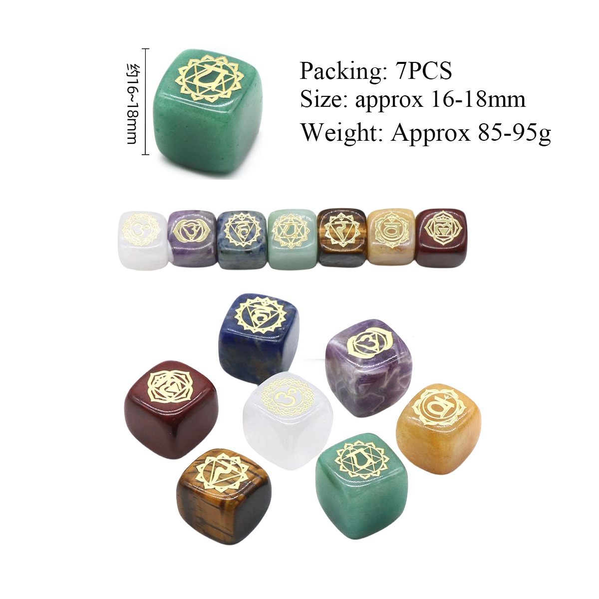 7PCS Healing Crystals Chakra Stones Set Gold Symbol Gemstones Polished Cube Square Stone Reiki meditation Wicca Power Balancing Crystal