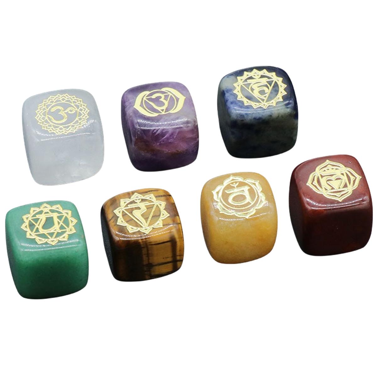 7PCS Healing Crystals Chakra Stones Set Gold Symbol Gemstones Polished Cube Square Stone Reiki meditation Wicca Power Balancing Crystal