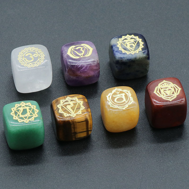 7PCS Healing Crystals Chakra Stones Set Gold Symbol Gemstones Polished Cube Square Stone Reiki meditation Wicca Power Balancing Crystal