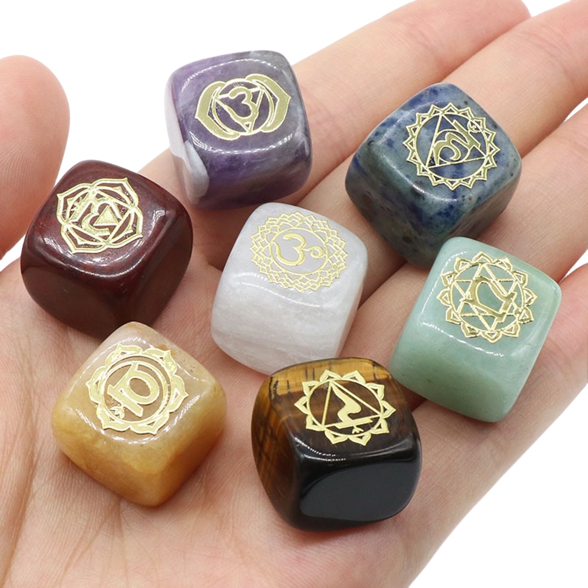 7PCS Healing Crystals Chakra Stones Set Gold Symbol Gemstones Polished Cube Square Stone Reiki meditation Wicca Power Balancing Crystal