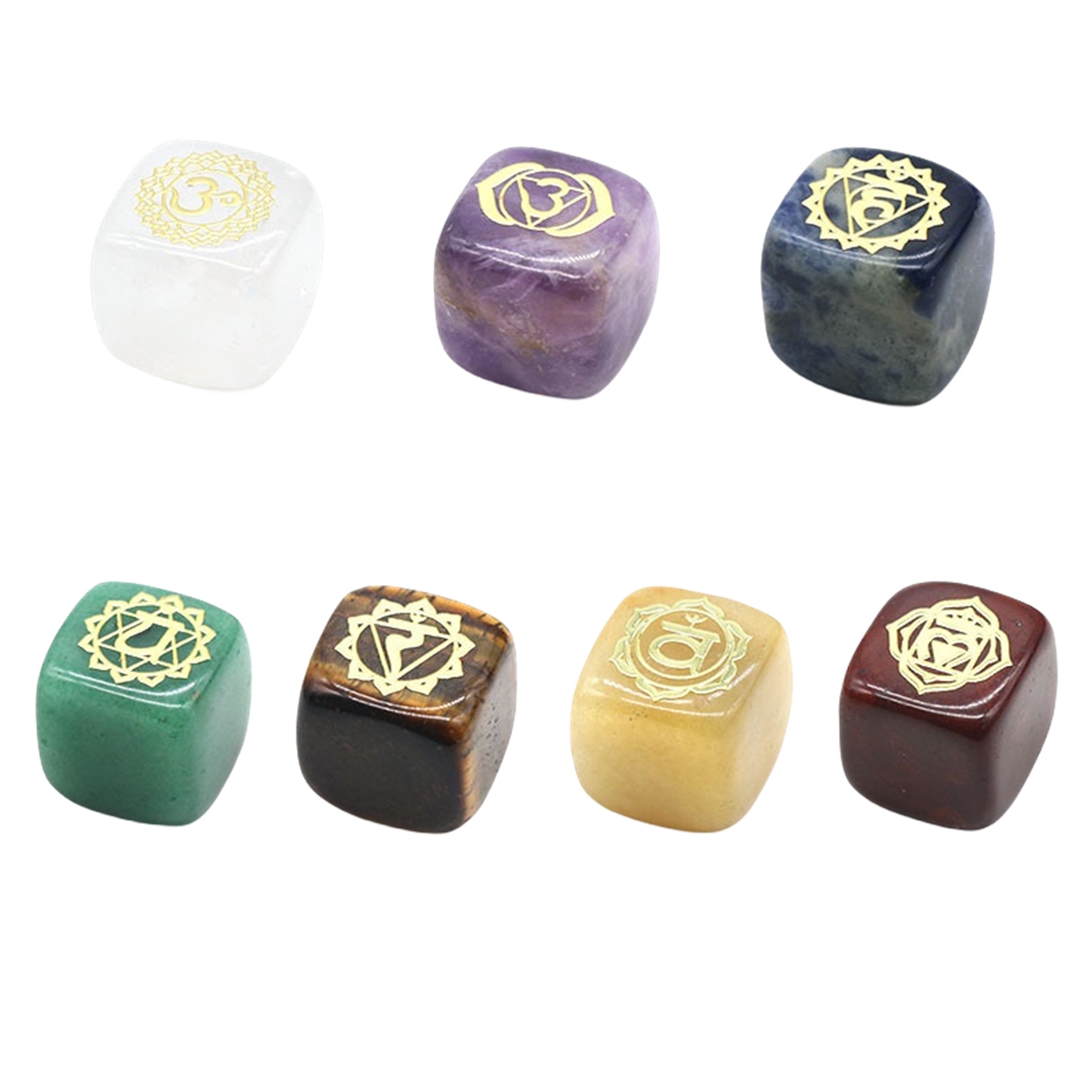 7PCS Healing Crystals Chakra Stones Set Gold Symbol Gemstones Polished Cube Square Stone Reiki meditation Wicca Power Balancing Crystal