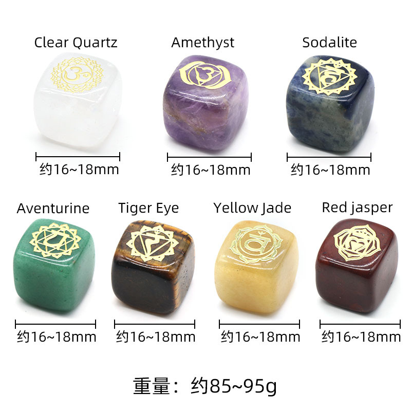 7PCS Healing Crystals Chakra Stones Set Gold Symbol Gemstones Polished Cube Square Stone Reiki meditation Wicca Power Balancing Crystal