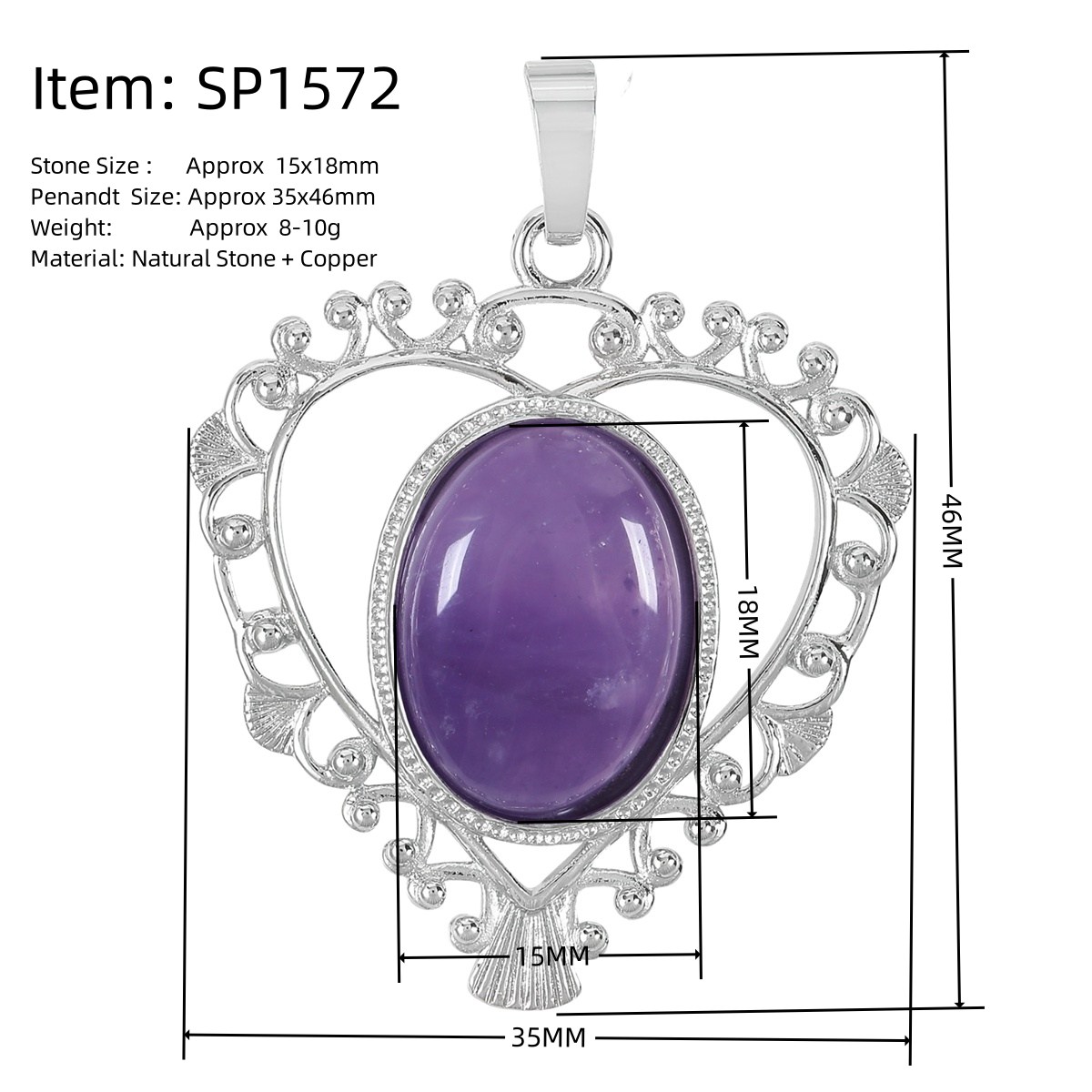 Silver Love Heart Pendant 35x46mm for Making jewelry necklace with 15x18MM natural Gemstone CABs