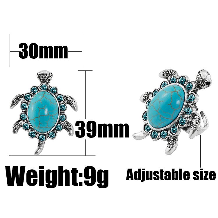 Turquoise Gemstone Tortoise Rings for Women Girls Adjustable Fashion Silver Alloy Metal Turtle Animal Ring