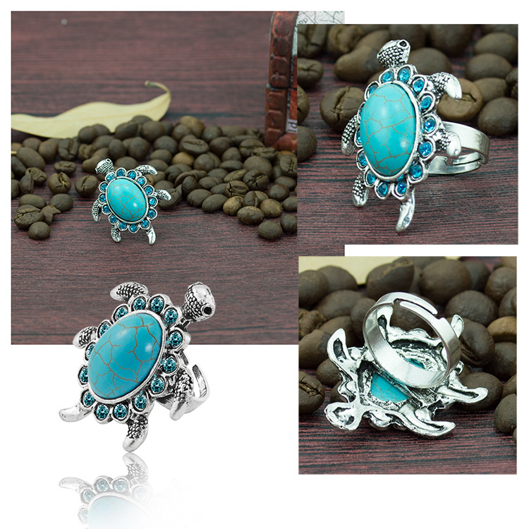 Turquoise Gemstone Tortoise Rings for Women Girls Adjustable Fashion Silver Alloy Metal Turtle Animal Ring