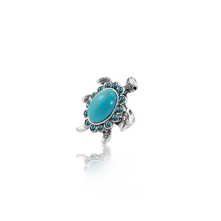 Turquoise Gemstone Tortoise Rings for Women Girls Adjustable Fashion Silver Alloy Metal Turtle Animal Ring
