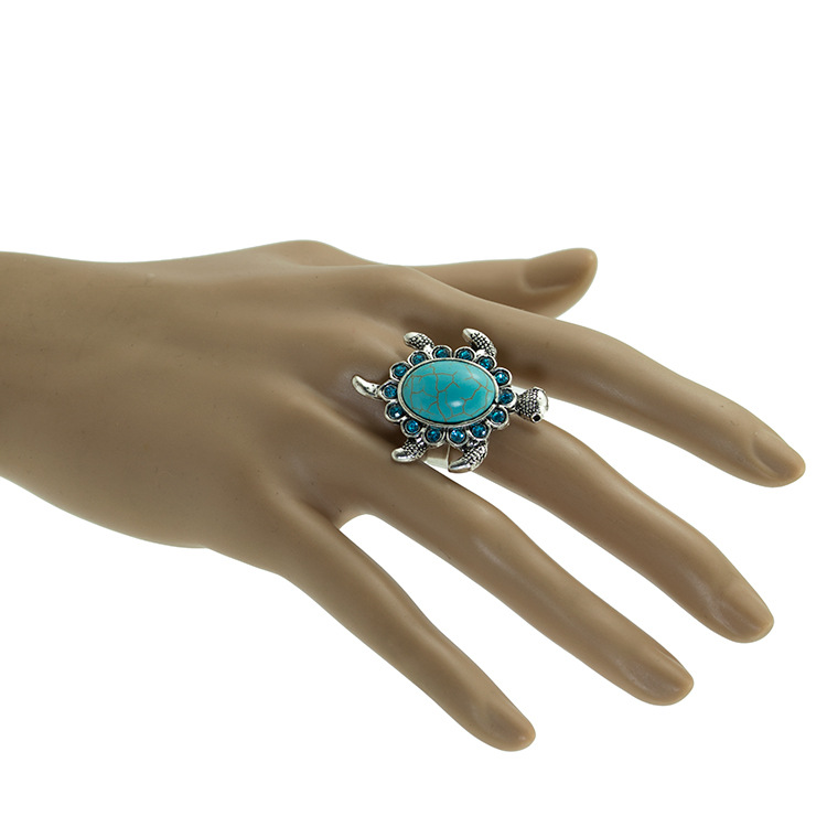 Turquoise Gemstone Tortoise Rings for Women Girls Adjustable Fashion Silver Alloy Metal Turtle Animal Ring