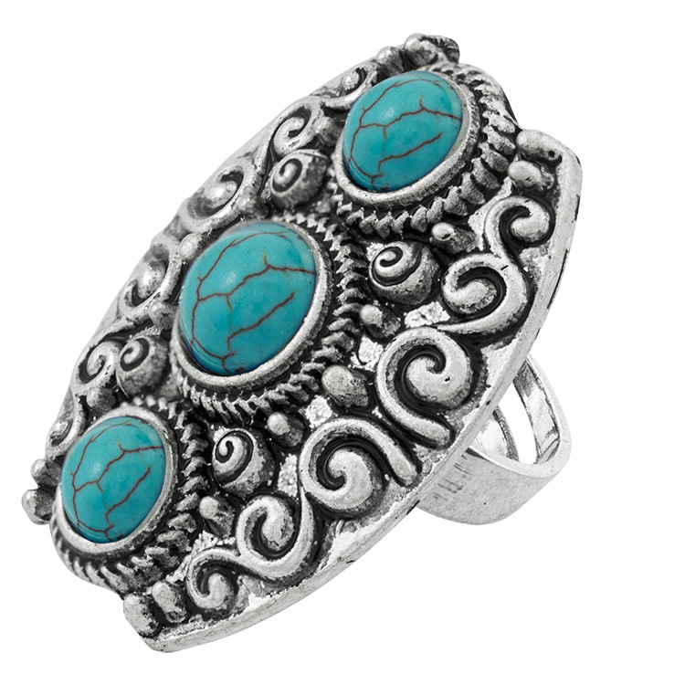 Turquoise Gemstone Rings for Women Girls Adjustable Fashion Silver Alloy Metal Ring