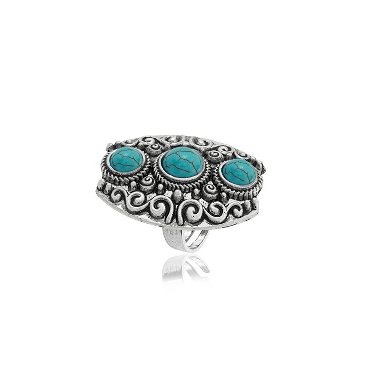 Turquoise Gemstone Rings for Women Girls Adjustable Fashion Silver Alloy Metal Ring