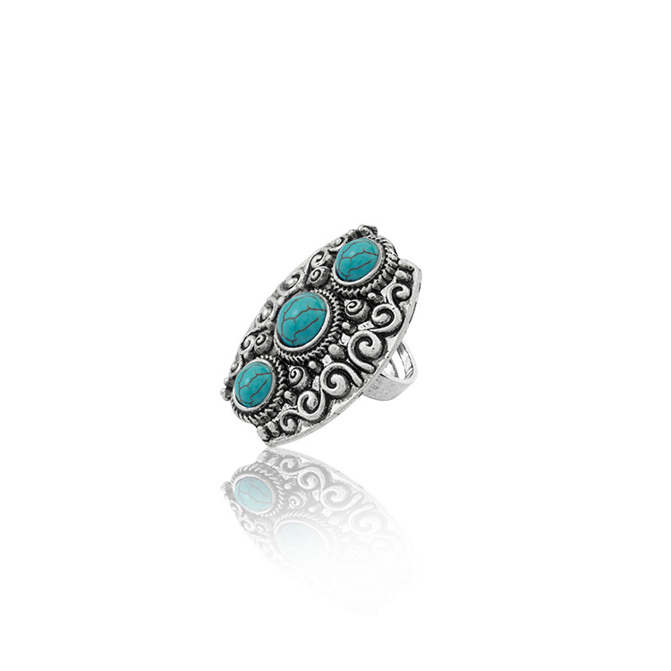 Turquoise Gemstone Rings for Women Girls Adjustable Fashion Silver Alloy Metal Ring