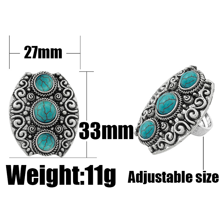 Turquoise Gemstone Rings for Women Girls Adjustable Fashion Silver Alloy Metal Ring