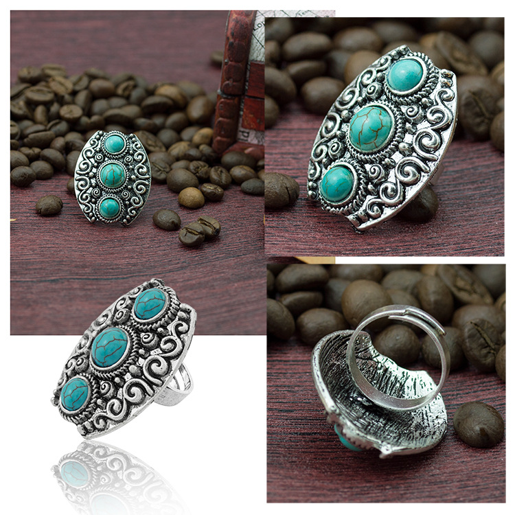 Turquoise Gemstone Rings for Women Girls Adjustable Fashion Silver Alloy Metal Ring