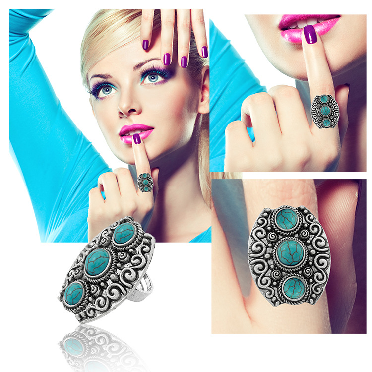 Turquoise Gemstone Rings for Women Girls Adjustable Fashion Silver Alloy Metal Ring