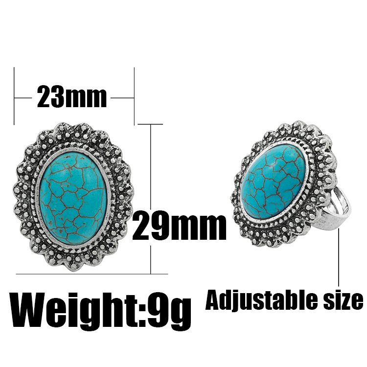 Turquoise Gemstone Rings for Women Girls Adjustable Fashion Silver Alloy Metal Ring