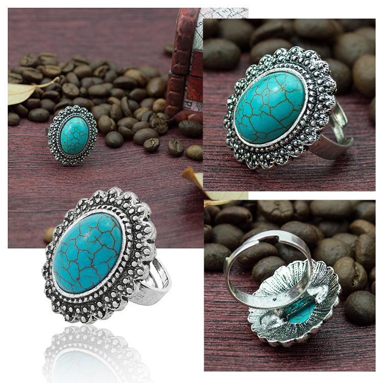 Turquoise Gemstone Rings for Women Girls Adjustable Fashion Silver Alloy Metal Ring