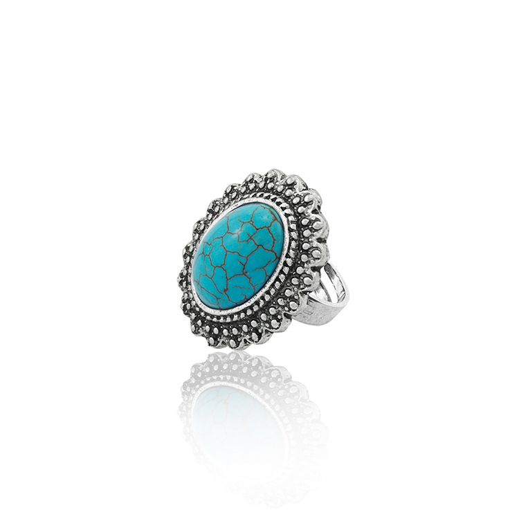 Turquoise Gemstone Rings for Women Girls Adjustable Fashion Silver Alloy Metal Ring