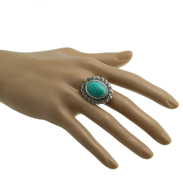 Turquoise Gemstone Rings for Women Girls Adjustable Fashion Silver Alloy Metal Ring