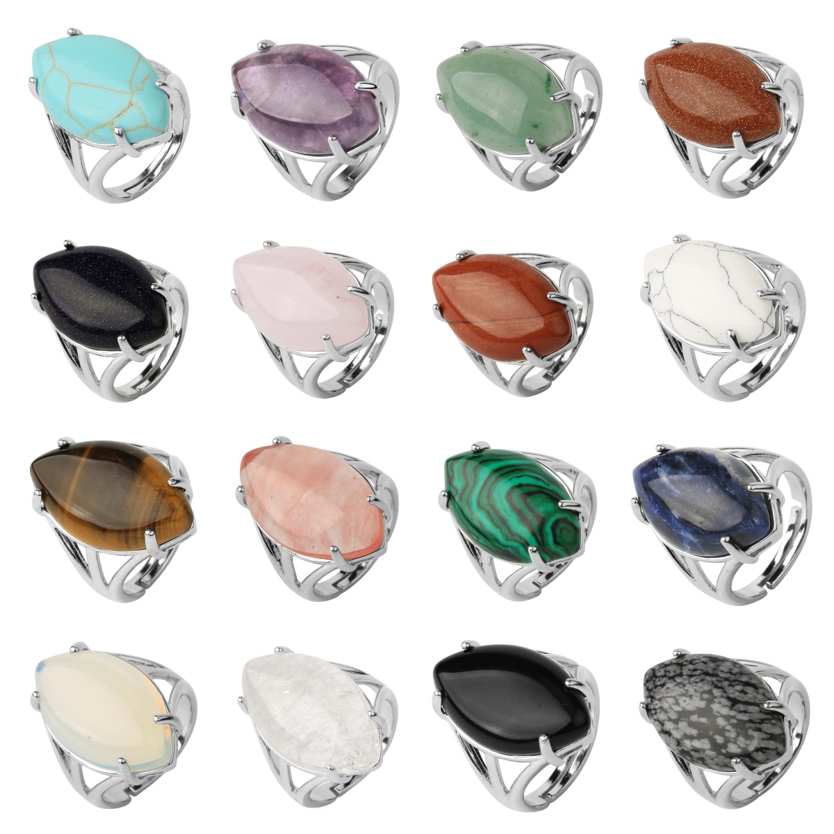 Stone Rings  for Women MenAdjustable Healing Crystal Ring Copper Plated White Gold 14X25MM Horse Eye Gemstone SR0121S