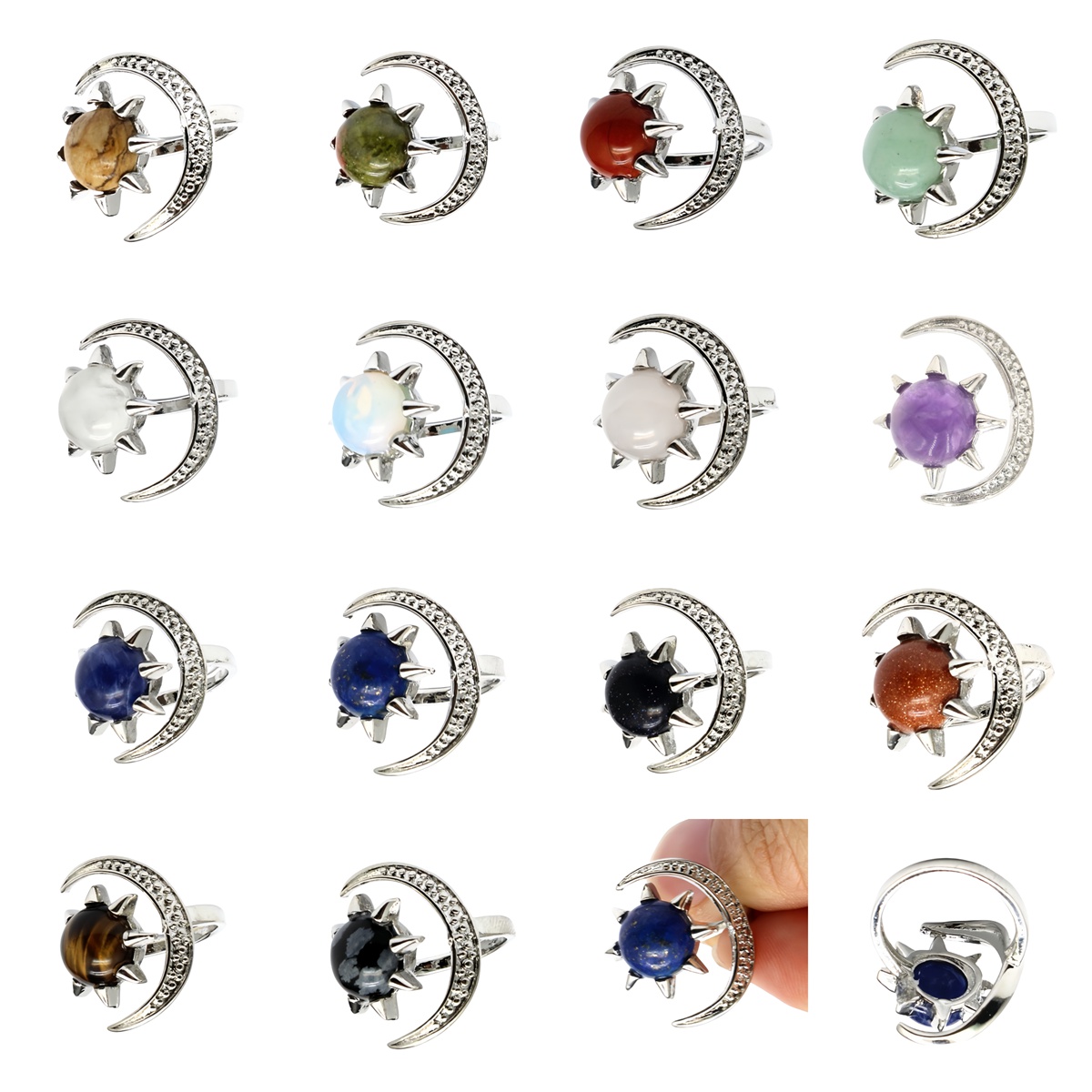 Moon Stone Rings for Women Men Adjustable Healing Crystal Ring Copper Plated White Gold Horse Eye Gemstone  SR0132S