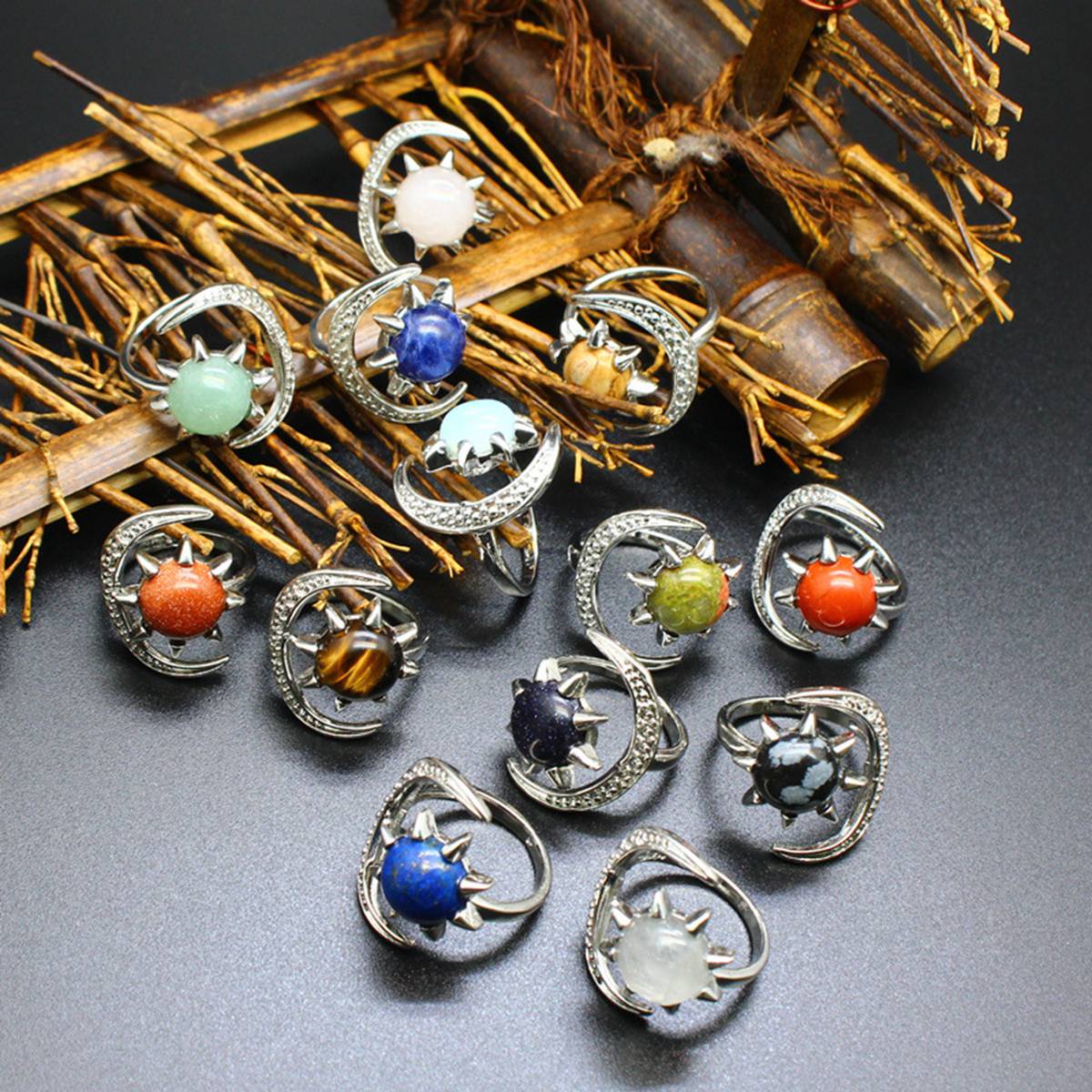 Moon Stone Rings for Women Men Adjustable Healing Crystal Ring Copper Plated White Gold Horse Eye Gemstone  SR0132S