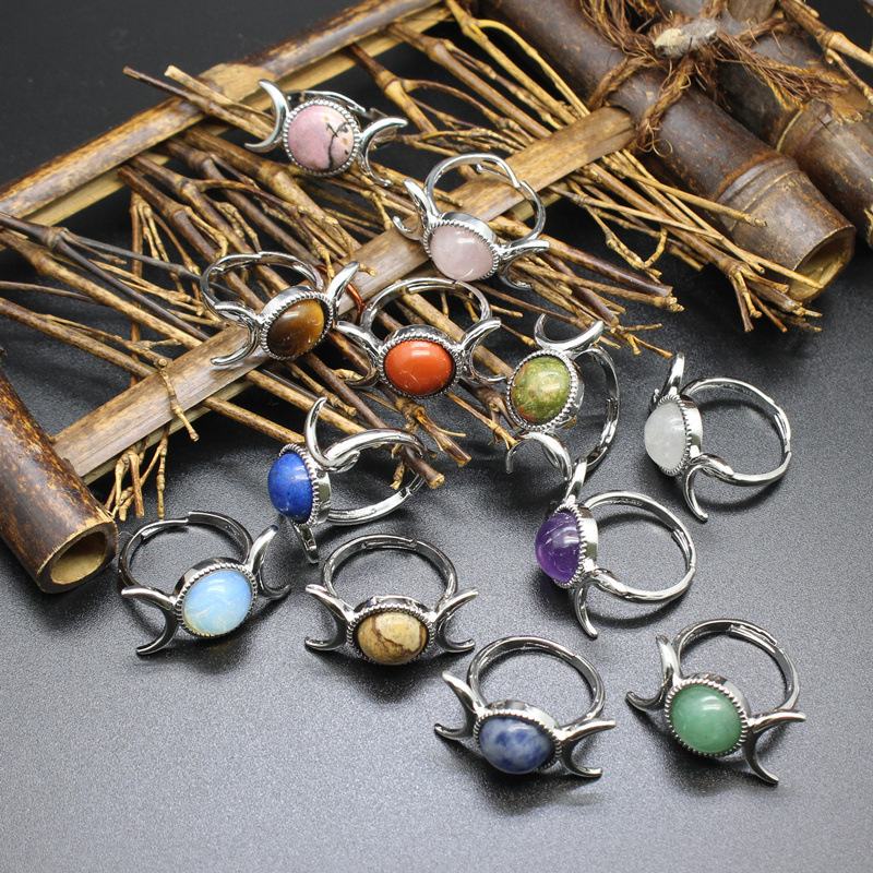 Silver Moon Stone Rings for Women Men Adjustable Healing Crystal Ring Copper Plated White Gold Horse Eye Gemstone  SR0133S