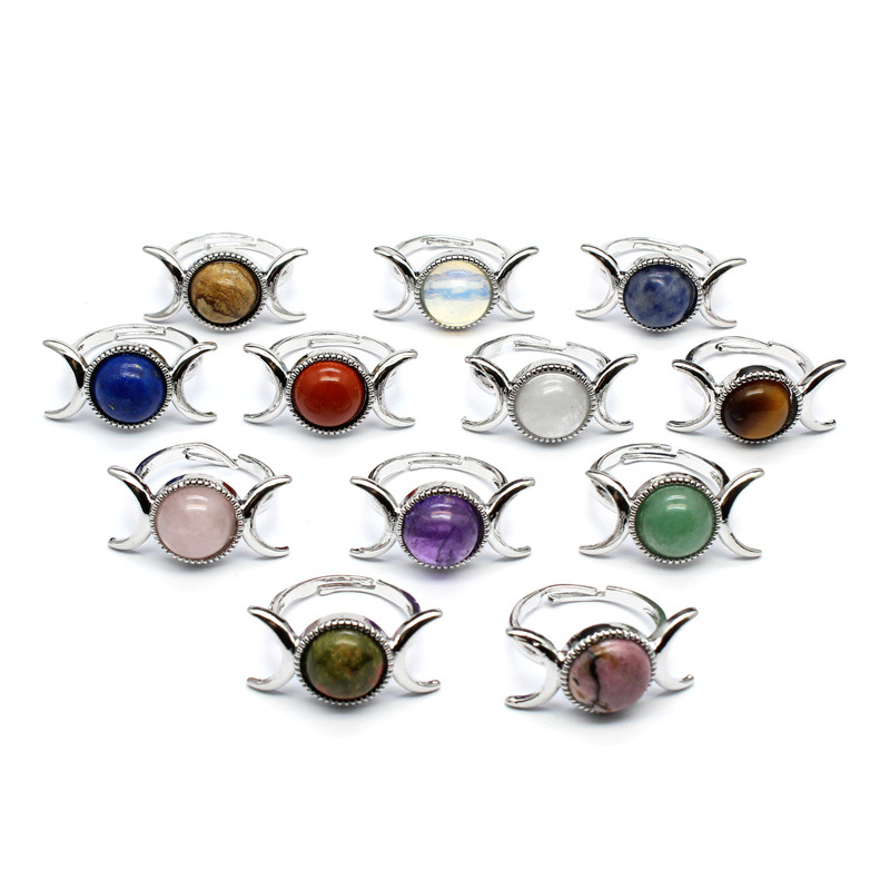 Silver Moon Stone Rings for Women Men Adjustable Healing Crystal Ring Copper Plated White Gold Horse Eye Gemstone  SR0133S