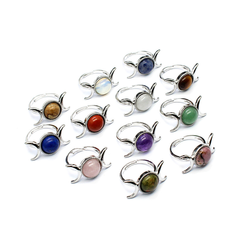 Silver Moon Stone Rings for Women Men Adjustable Healing Crystal Ring Copper Plated White Gold Horse Eye Gemstone  SR0133S
