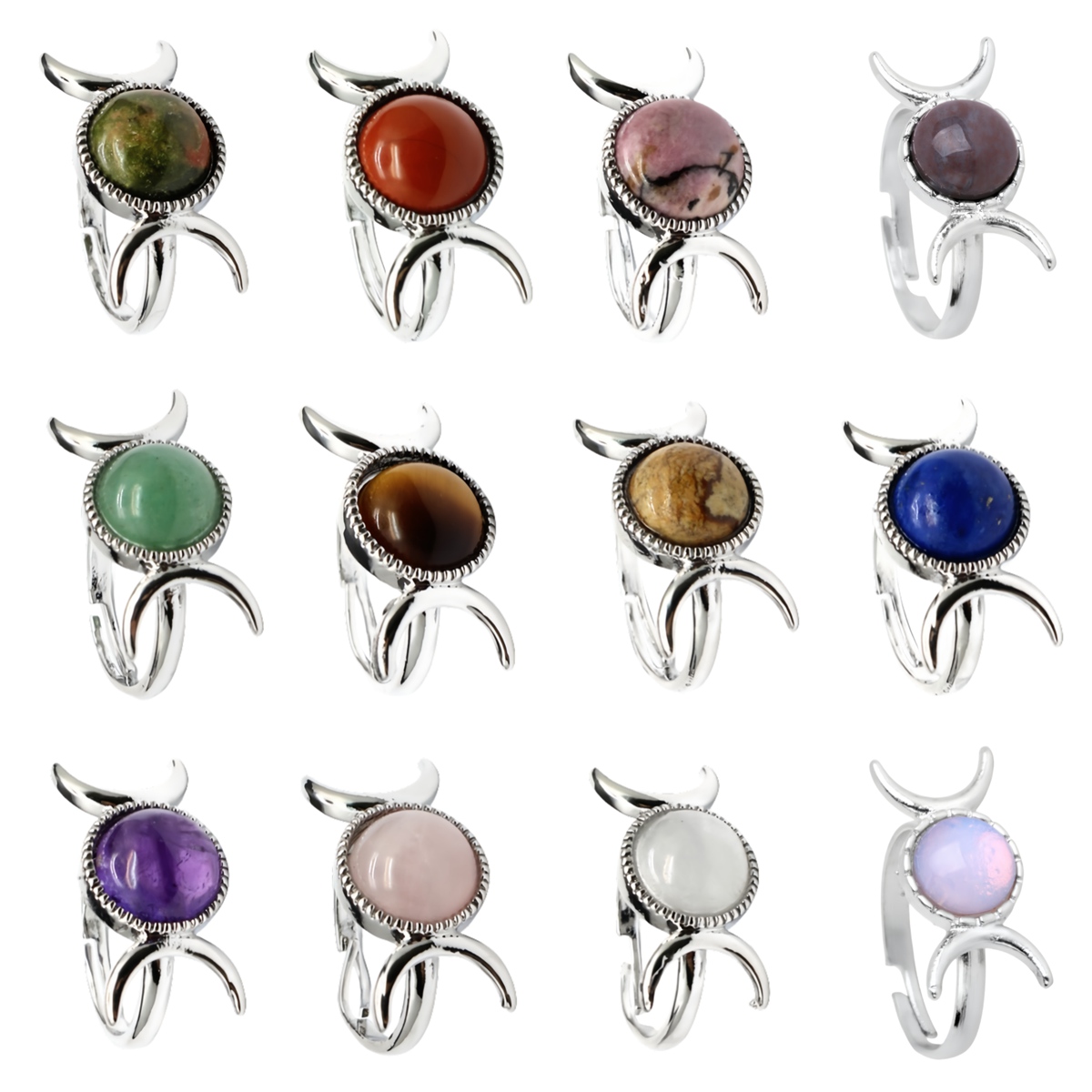 Silver Moon Stone Rings for Women Men Adjustable Healing Crystal Ring Copper Plated White Gold Horse Eye Gemstone  SR0133S