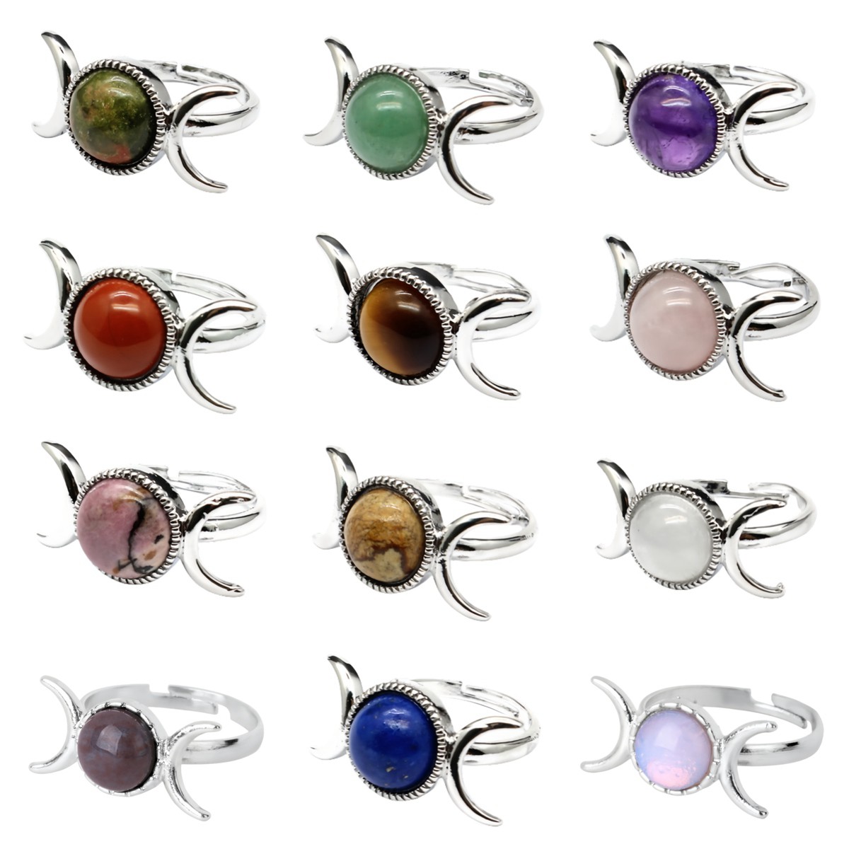 Silver Moon Stone Rings for Women Men Adjustable Healing Crystal Ring Copper Plated White Gold Horse Eye Gemstone  SR0133S
