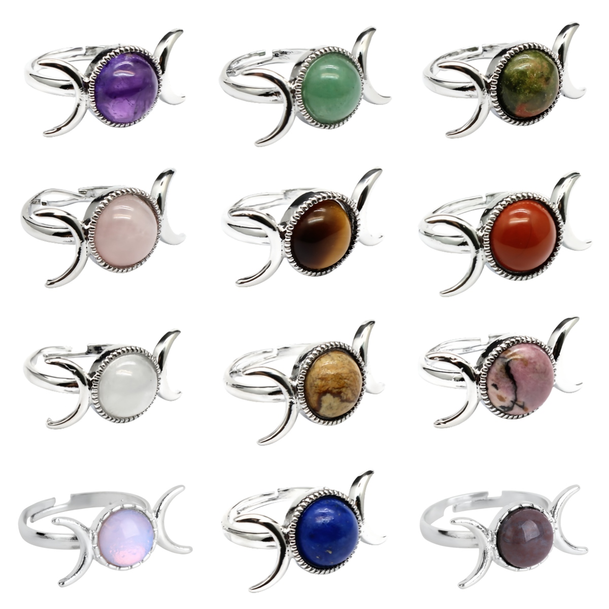 Silver Moon Stone Rings for Women Men Adjustable Healing Crystal Ring Copper Plated White Gold Horse Eye Gemstone  SR0133S