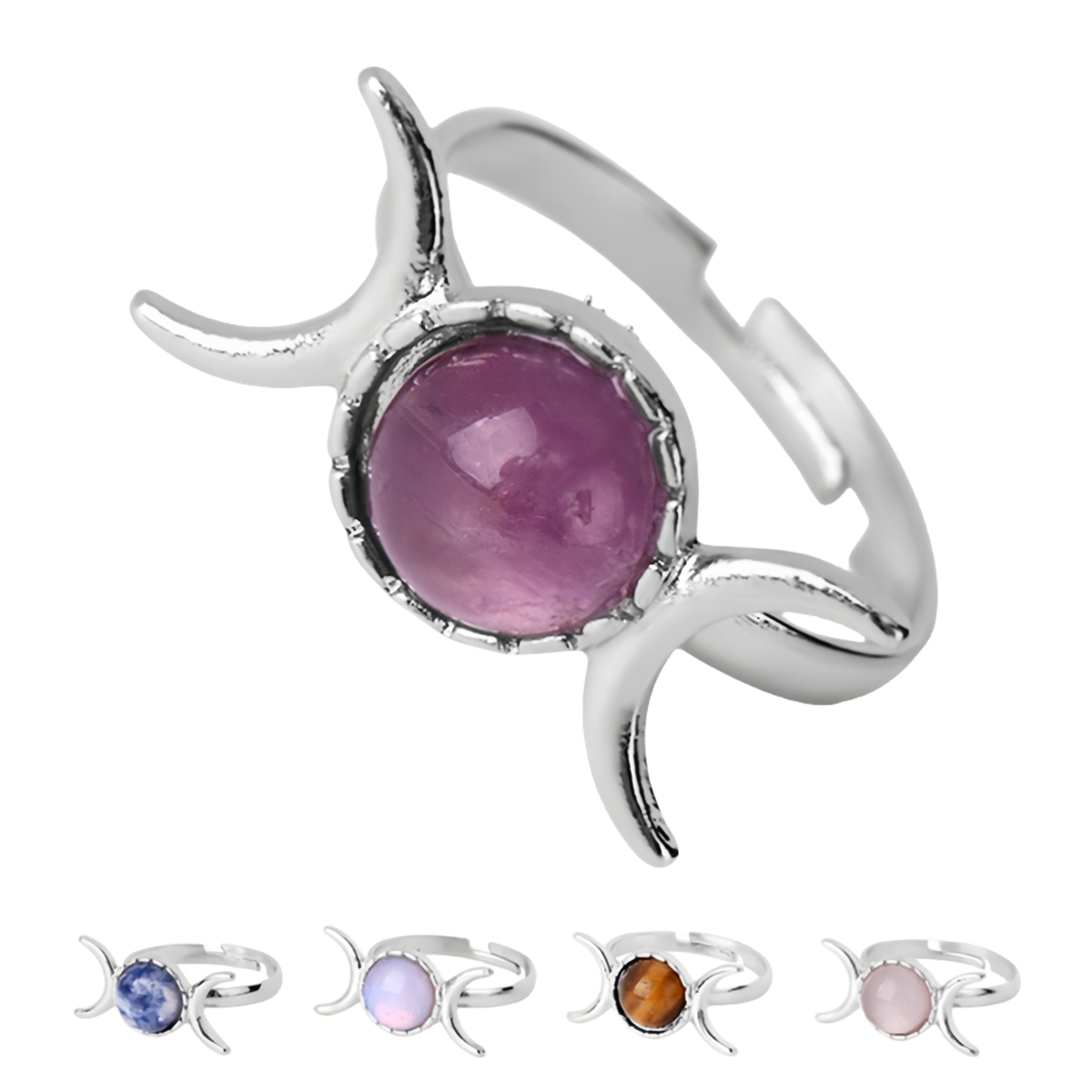 Silver Moon Stone Rings for Women Men Adjustable Healing Crystal Ring Copper Plated White Gold Horse Eye Gemstone  SR0133S
