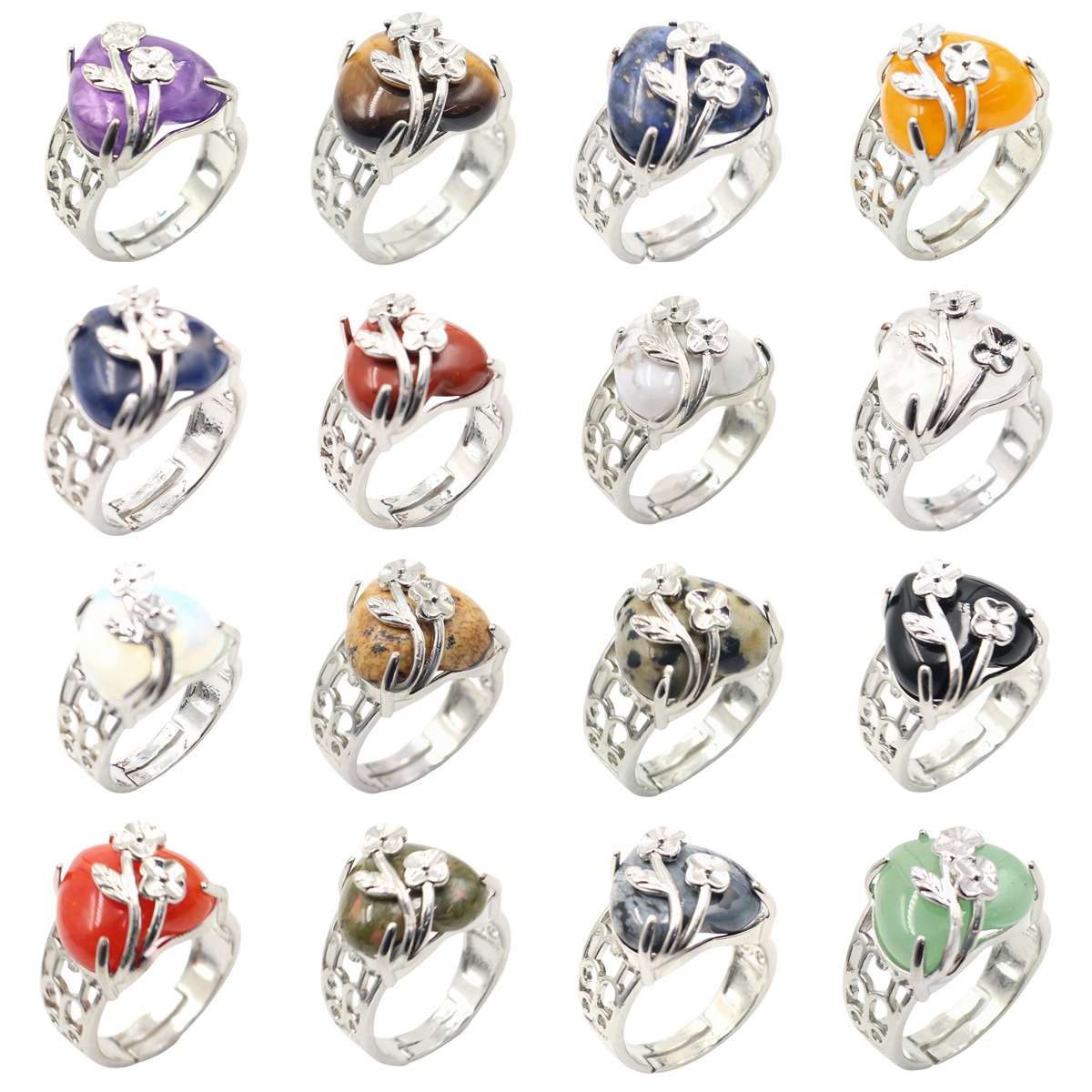 Silver 16MM Heart Stone Rings for Women Men Adjustable  SR0140S