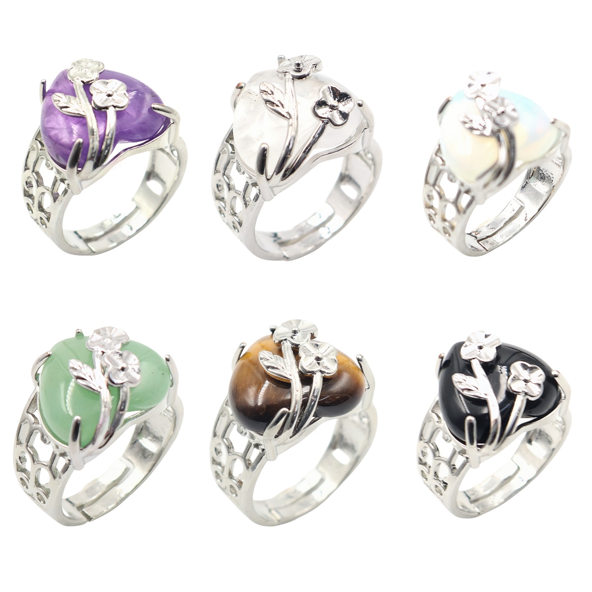 Silver 16MM Heart Stone Rings for Women Men Adjustable  SR0140S