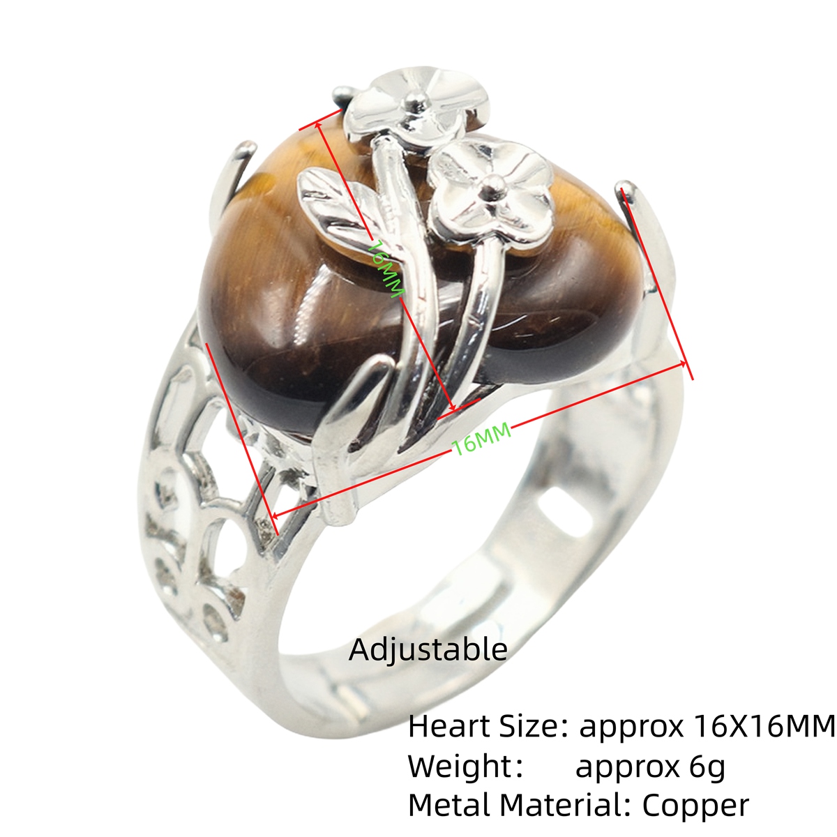 Silver 16MM Heart Stone Rings for Women Men Adjustable  SR0140S