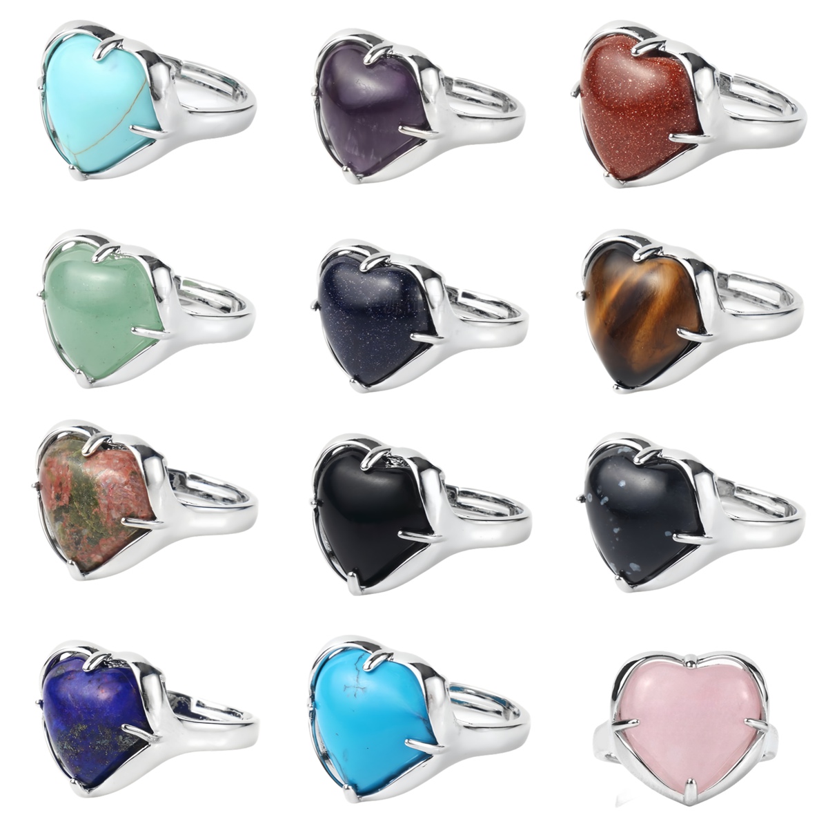 Silver Heart Stone Rings for Women Men Adjustable  SR0141S