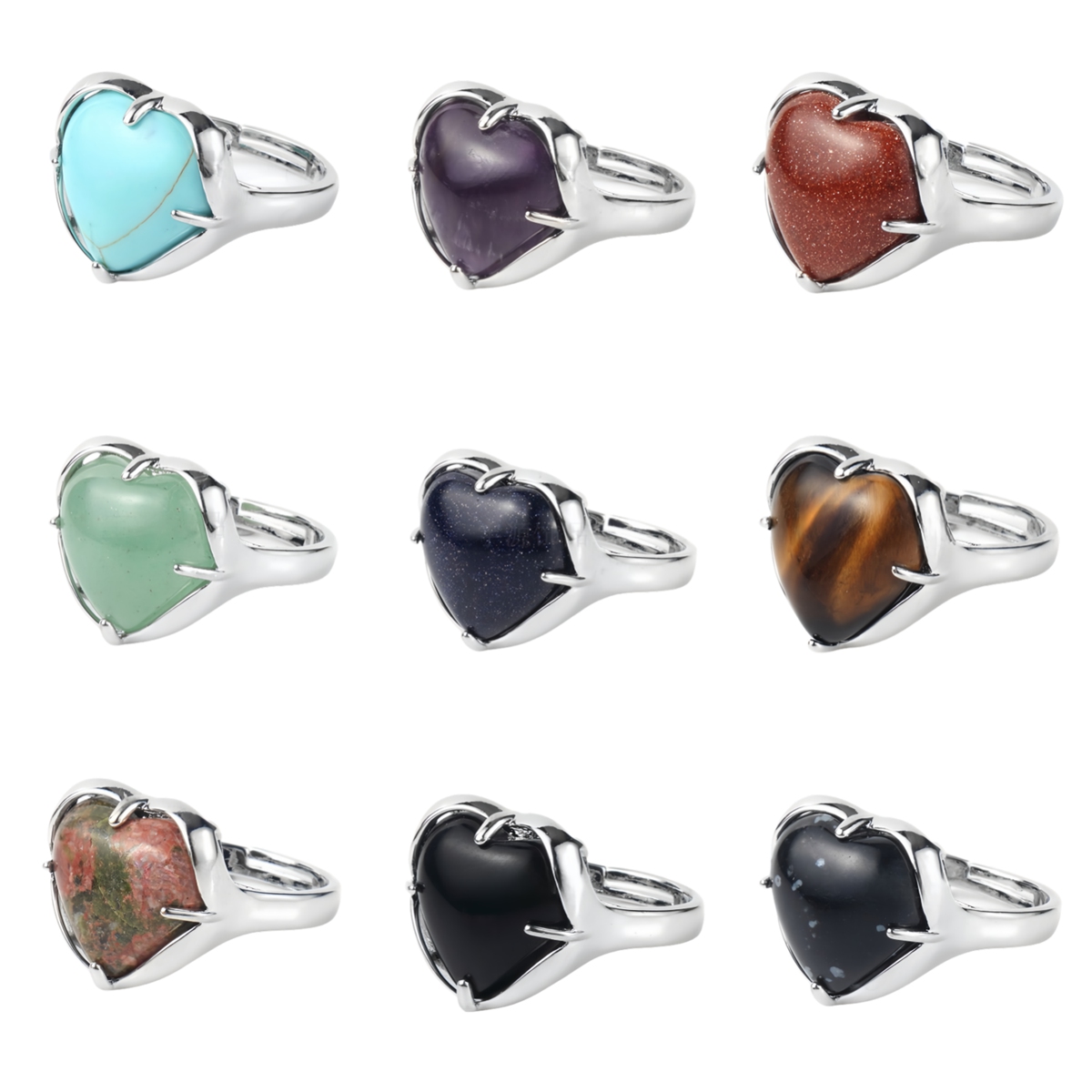 Silver Heart Stone Rings for Women Men Adjustable  SR0141S