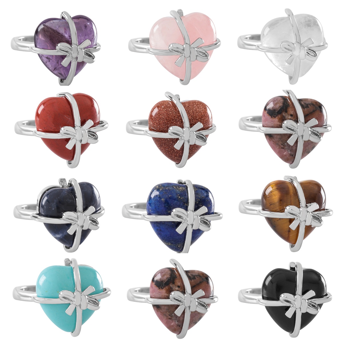 Silver Bowknot Heart Stone Rings for Women Men Adjustable SR0141S