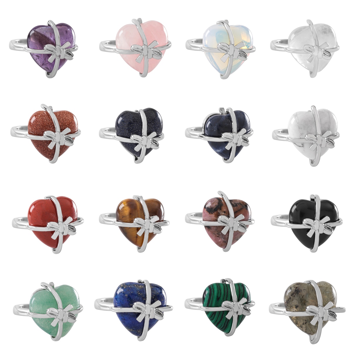 Silver Bowknot Heart Stone Rings for Women Men Adjustable  SR0141S