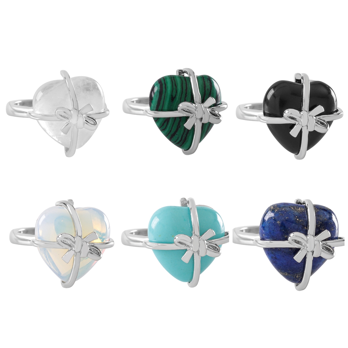 Silver Bowknot Heart Stone Rings for Women Men Adjustable SR0141S