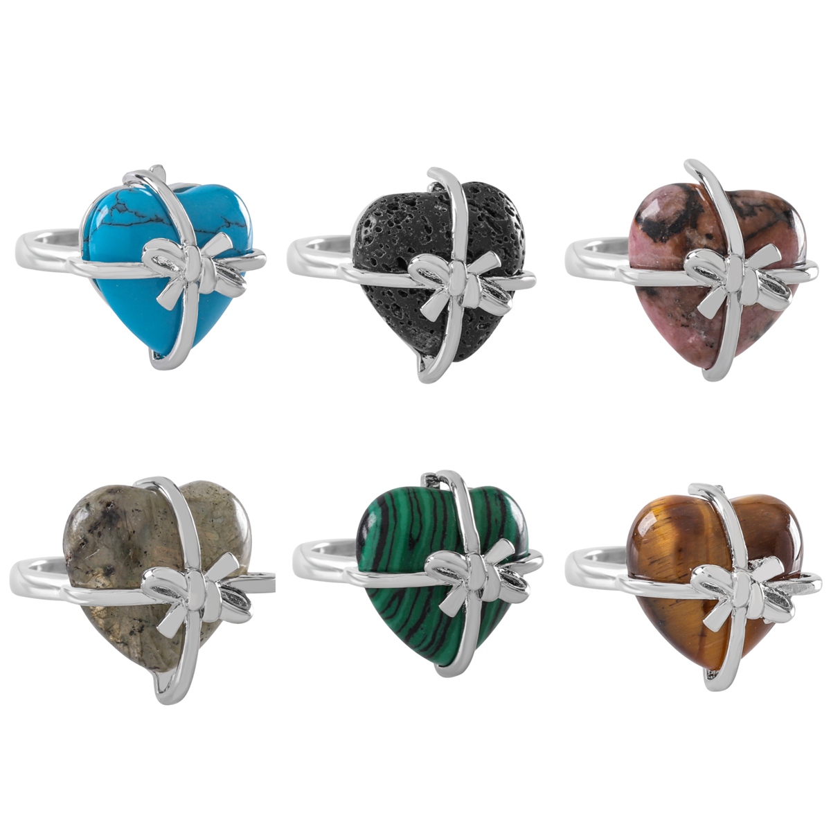 Silver Bowknot Heart Stone Rings for Women Men Adjustable SR0141S