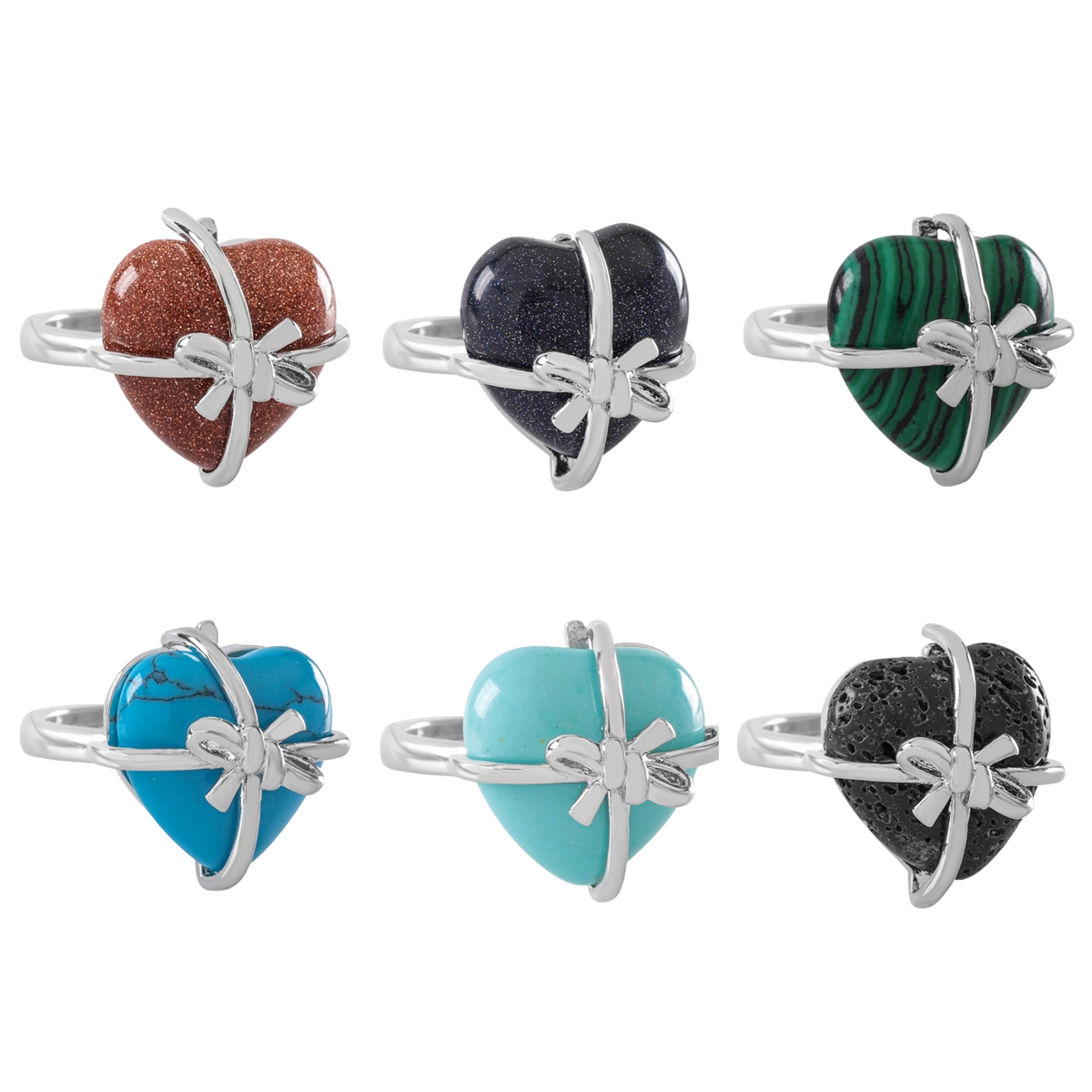 Silver Bowknot Heart Stone Rings for Women Men Adjustable SR0141S