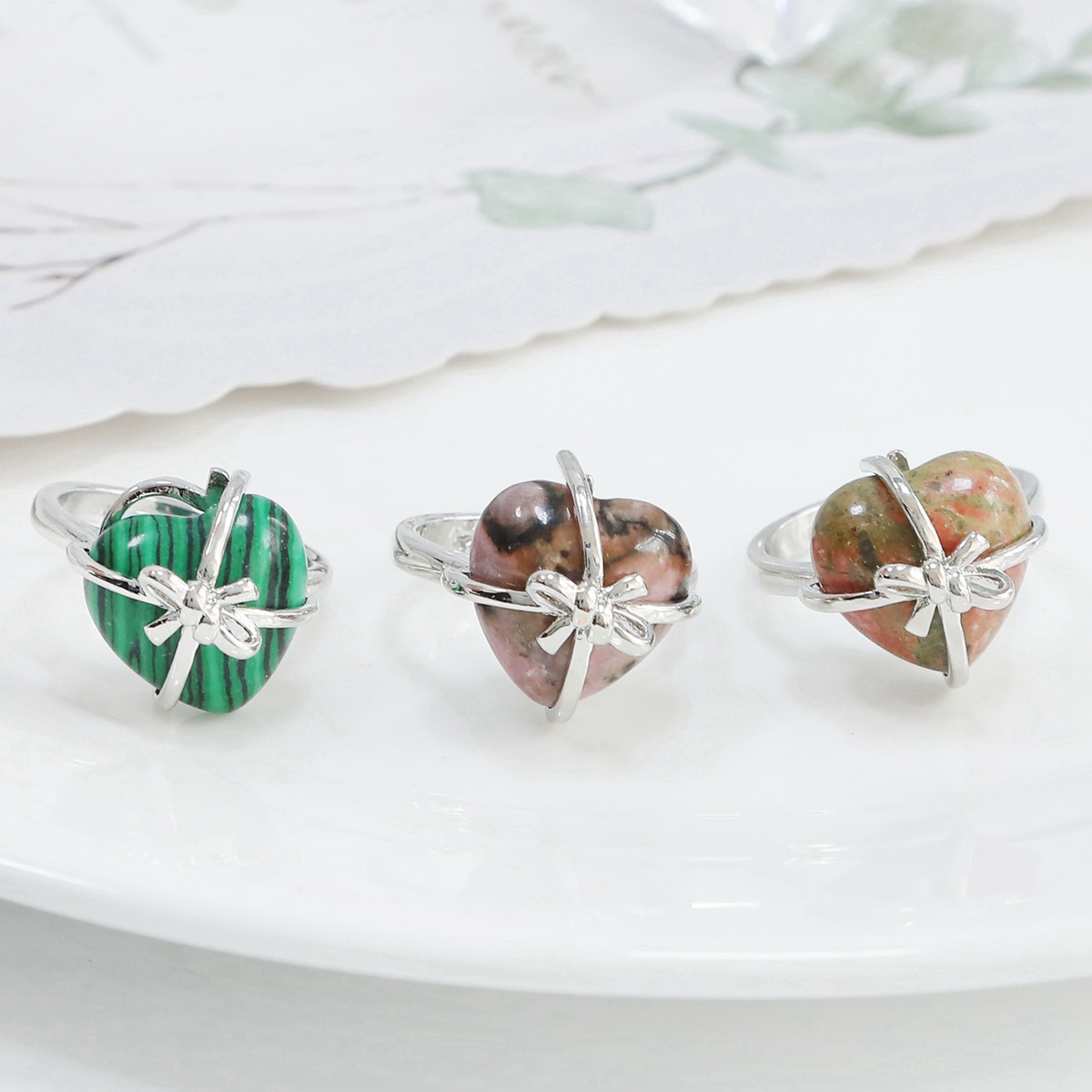 Silver Bowknot Heart Stone Rings for Women Men Adjustable  SR0141S