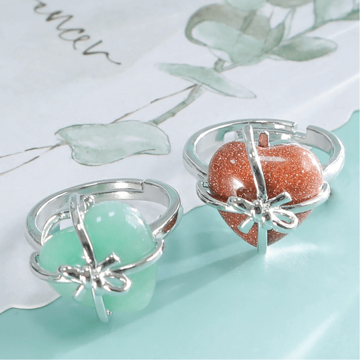 Silver Bowknot Heart Stone Rings for Women Men Adjustable  SR0141S