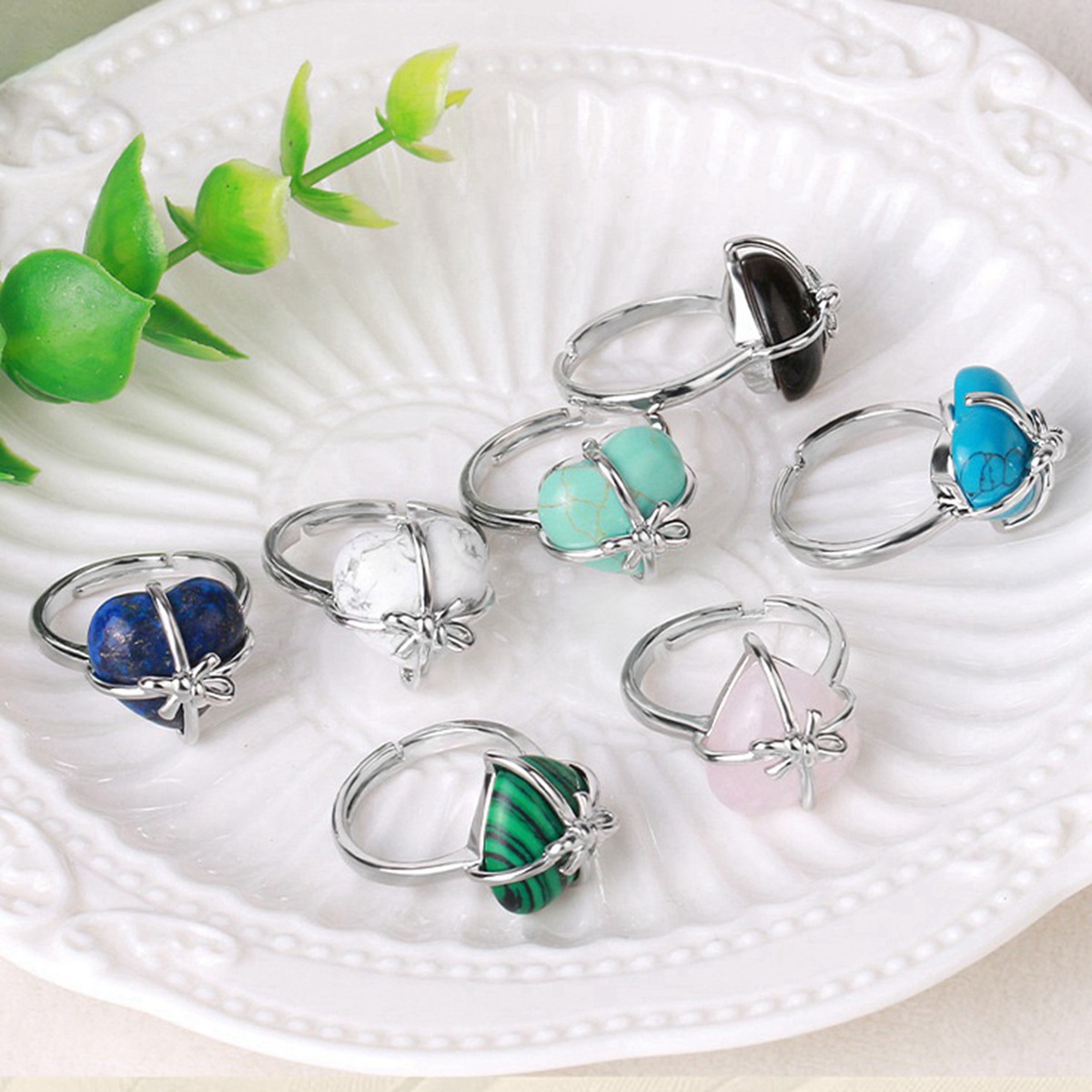 Silver Bowknot Heart Stone Rings for Women Men Adjustable  SR0141S