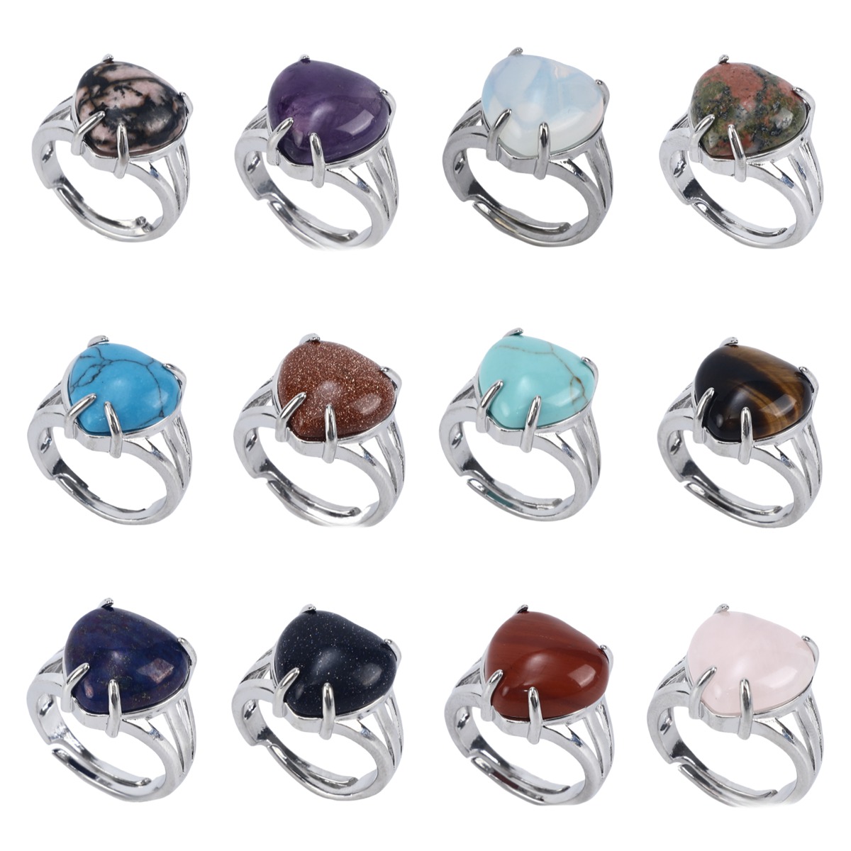 Silver Heart Stone Rings for Women Men Adjustable  SR0144S