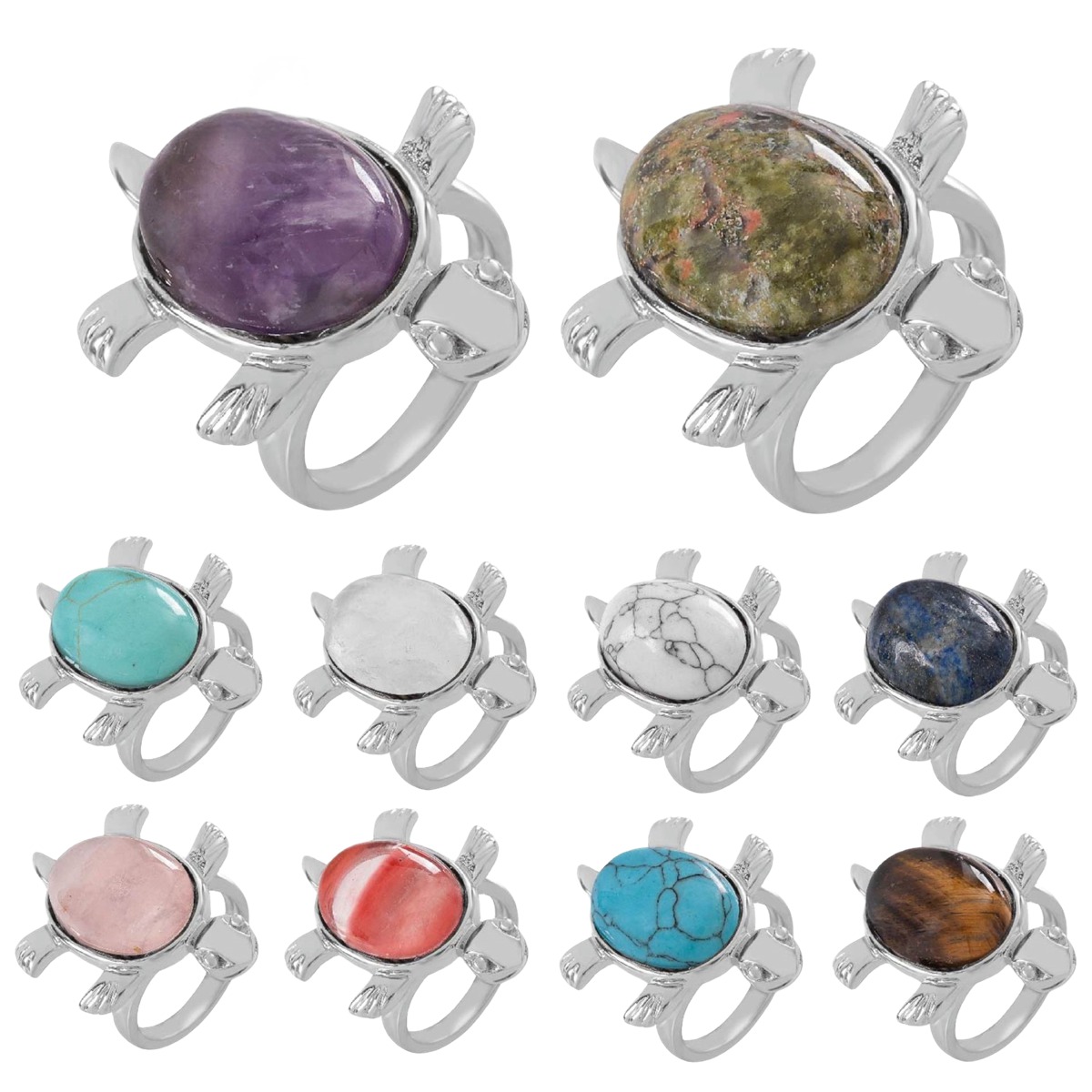 Silver Turtle & Tortoise Stone Rings for Women Men Adjustable  SR0148S